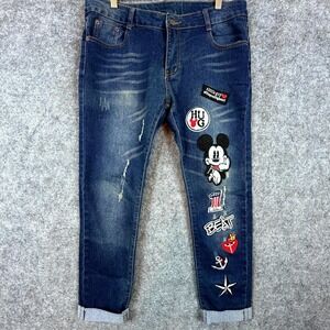 Jin Bei Bei Jeans Womens 31 Blue Cropped Distressed Cuffed Mickey Minnie Patches